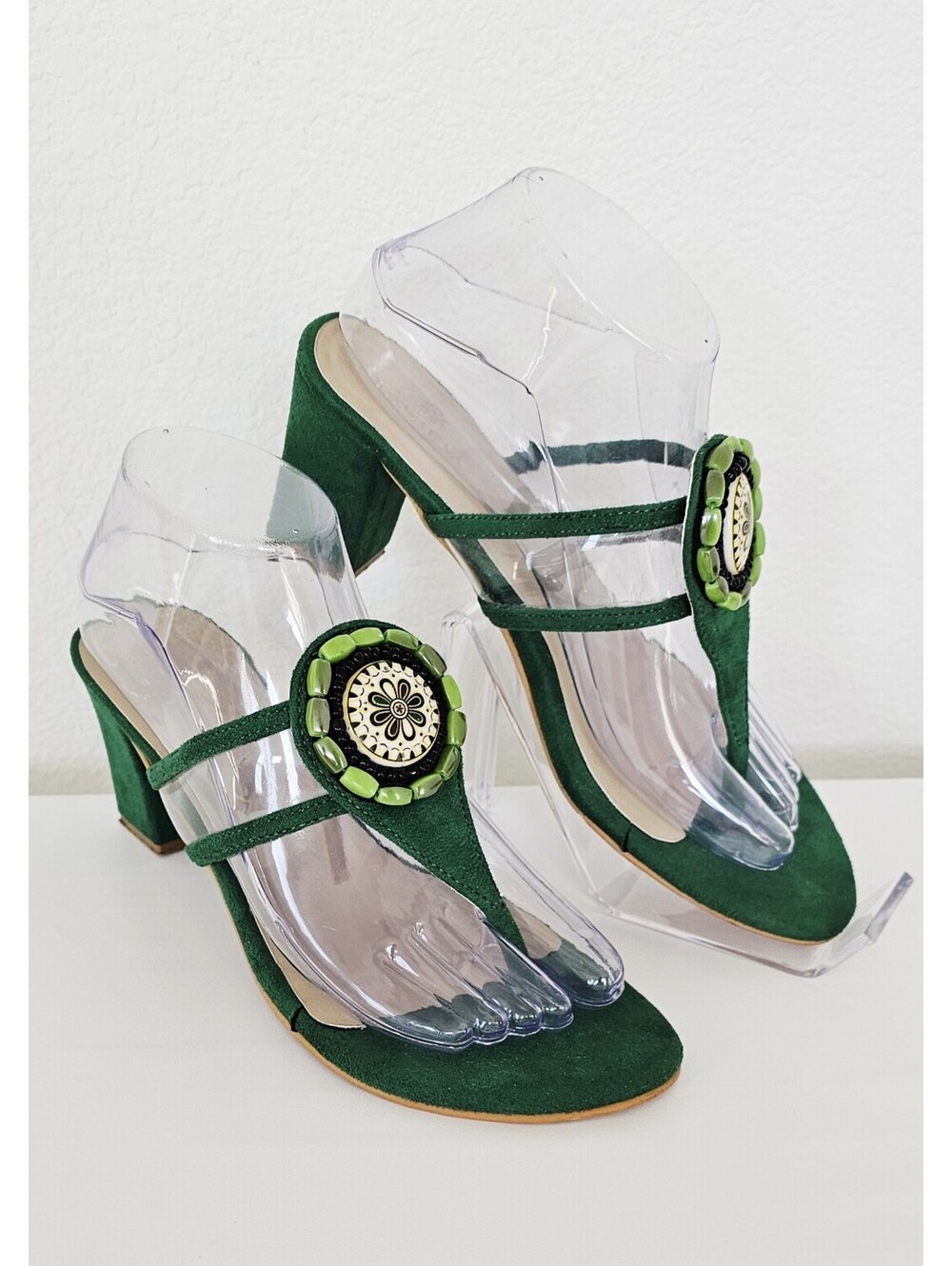 Womens Green Heel Party Sandals Thong Mid-Heel Shoes Size 8